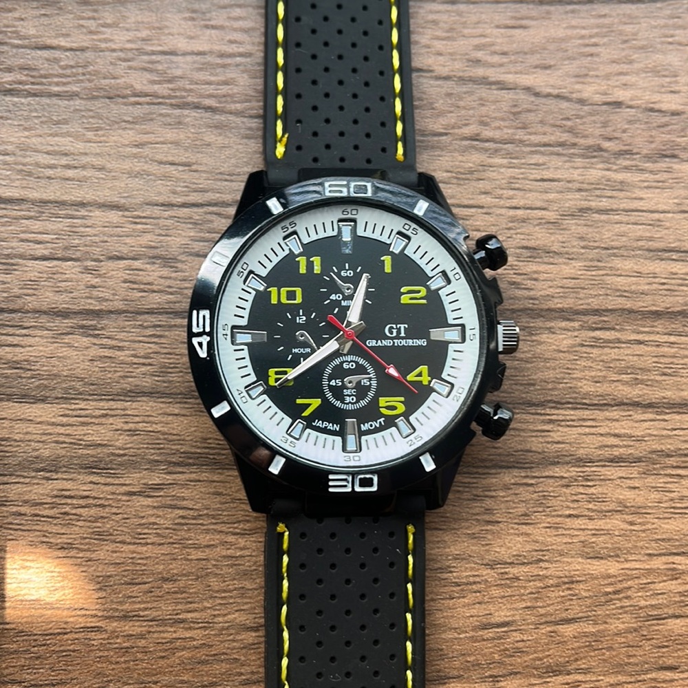 Black white and yellow Grand Touring GT rubber sport watch